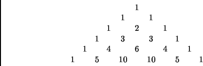 \begin{displaymath}\begin{array}{ccccccccccccccc}
&&&&&1\\
&&&&1&&1\\
&&&1&&2&...
...&3&&3&&1\\
&1&&4&&6&&4&&1\\
1&&5&&10&&10&&5&&1\\
\end{array}\end{displaymath}
