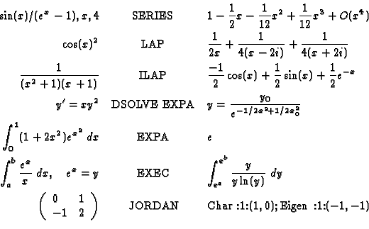 \begin{eqnarray*}\hfill \sin(x)/(e^x-1), x, 4& \mbox{SERIES} &
1-\frac{1}{2} x-\...
...box{JORDAN} & \mbox{Char :1:} (1,0);
\mbox{Eigen :1:} (-1,-1)\\
\end{eqnarray*}