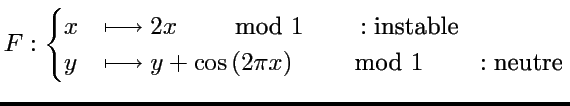 $\displaystyle F:\begin{cases}
x & \longmapsto2x\qquad\mbox{ mod }1\qquad:\mbox{...
...sto y+\cos\left(2\pi x\right)\qquad\mbox{ mod }1\qquad:\mbox{neutre}\end{cases}$